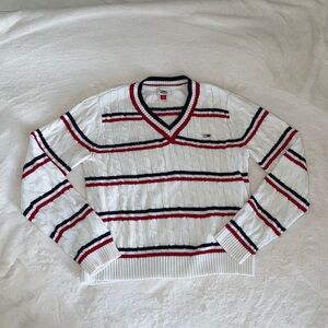 Tommy Hilfiger Cable Knit Sweater with Red and Black Stripes
